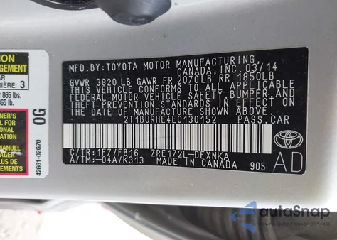 2014 Toyota Corolla Le из США, поврежденный, VIN 2T1BURHE4EC130152